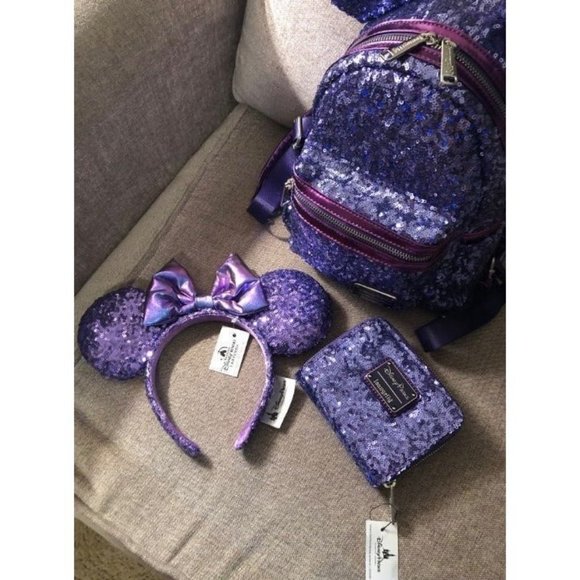 Loungefly Rare Grail Disney Parks Purple Potion Mini Backpack Wallet Minnie Ears - Picture 12 of 13